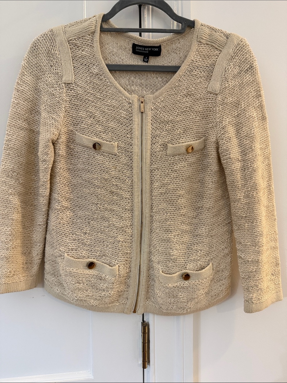 Jones New York Beige Zip-Front Knit Cardigan Jacket